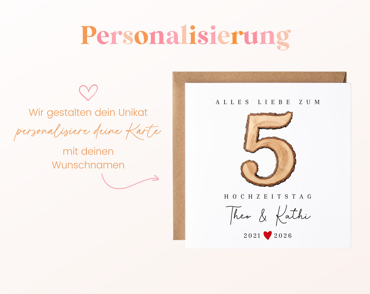 Holzhochzeit Karte - rustikale Zahl 5 - personalisiert