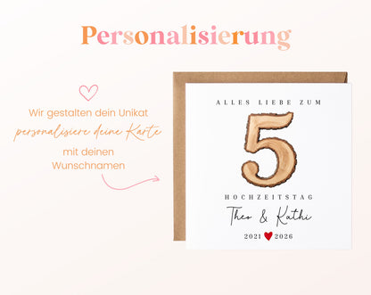 Holzhochzeit Karte - rustikale Zahl 5 - personalisiert
