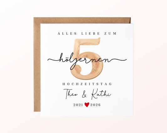 Holzhochzeit Karte - Zahl 5 mit Schriftzug - personalisiert