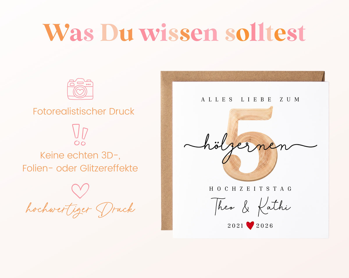 Holzhochzeit Karte - Zahl 5 mit Schriftzug - personalisiert