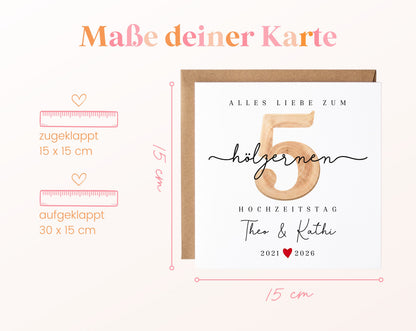 Holzhochzeit Karte - Zahl 5 mit Schriftzug - personalisiert