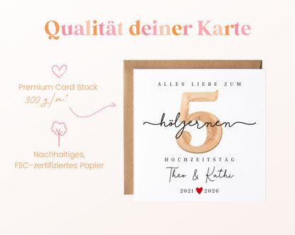Holzhochzeit Karte - Zahl 5 mit Schriftzug - personalisiert