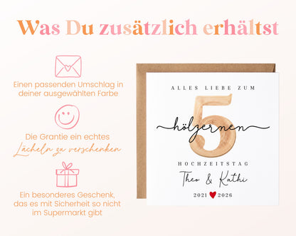 Holzhochzeit Karte - Zahl 5 mit Schriftzug - personalisiert