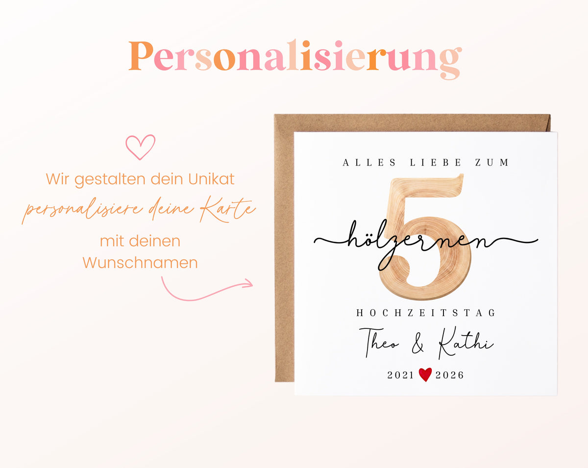 Holzhochzeit Karte - Zahl 5 mit Schriftzug - personalisiert