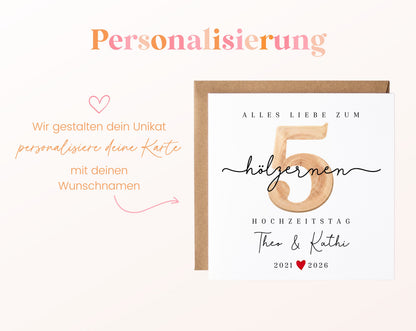 Holzhochzeit Karte - Zahl 5 mit Schriftzug - personalisiert