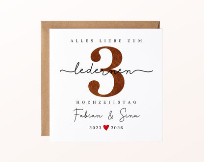 Lederhochzeit Karte - Zahl 3 mit Schriftzug - personalisiert