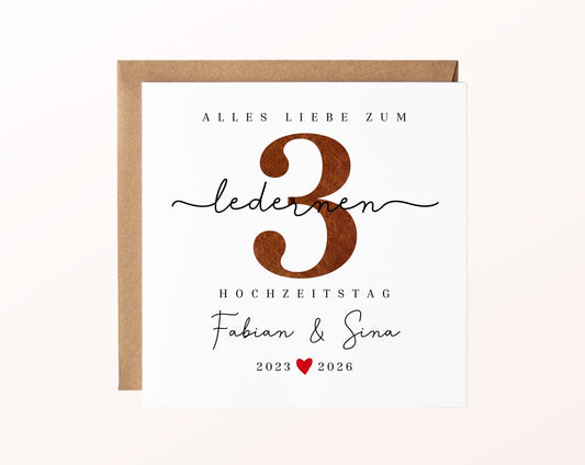 Lederhochzeit Karte - Zahl 3 mit Schriftzug - personalisiert
