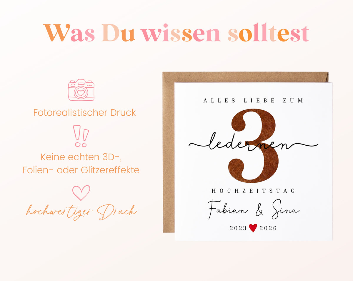 Lederhochzeit Karte - Zahl 3 mit Schriftzug - personalisiert