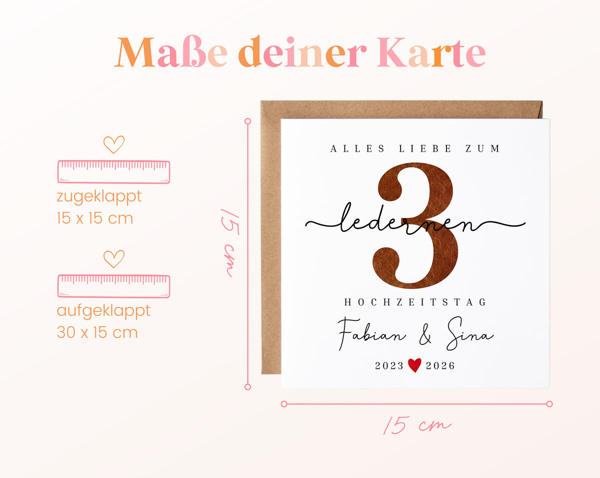 Lederhochzeit Karte - Zahl 3 mit Schriftzug - personalisiert