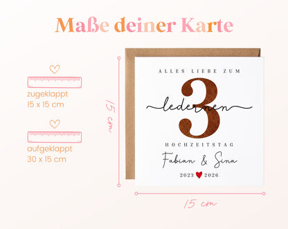 Lederhochzeit Karte - Zahl 3 mit Schriftzug - personalisiert