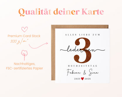 Lederhochzeit Karte - Zahl 3 mit Schriftzug - personalisiert