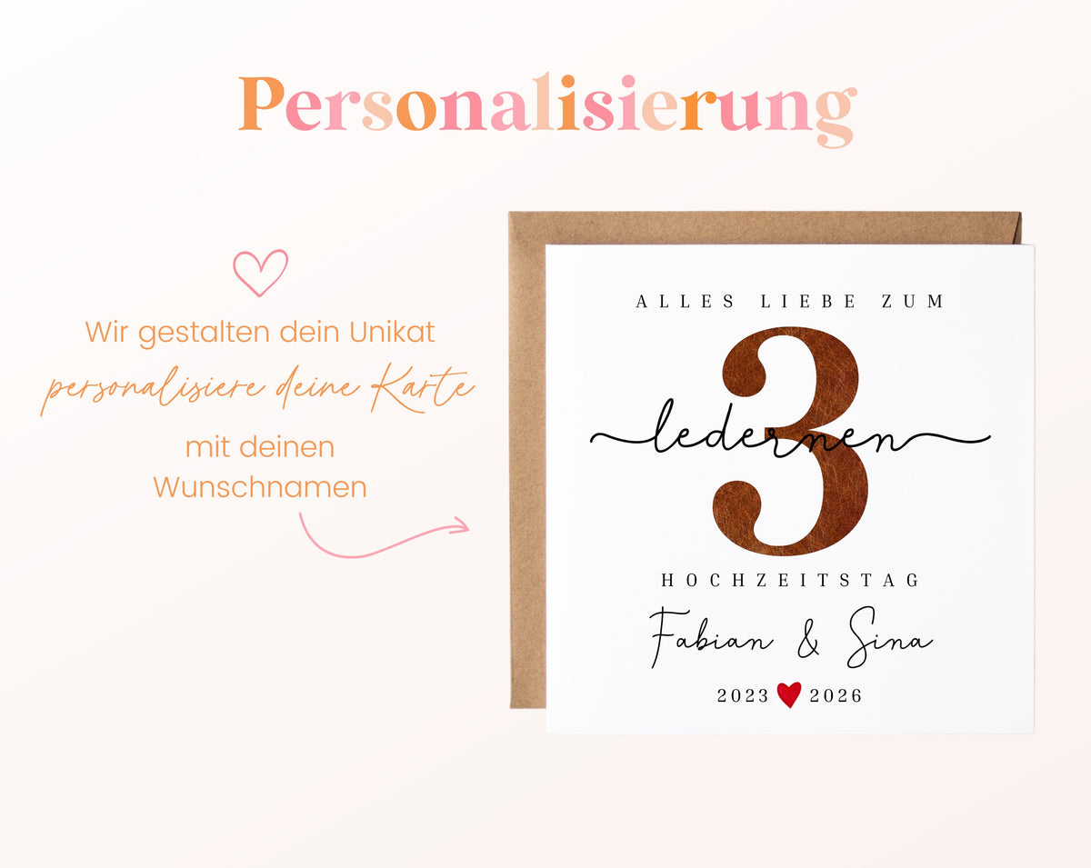 Lederhochzeit Karte - Zahl 3 mit Schriftzug - personalisiert