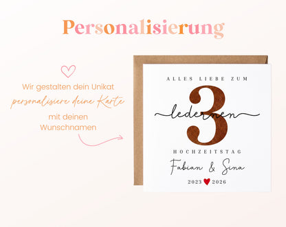 Lederhochzeit Karte - Zahl 3 mit Schriftzug - personalisiert