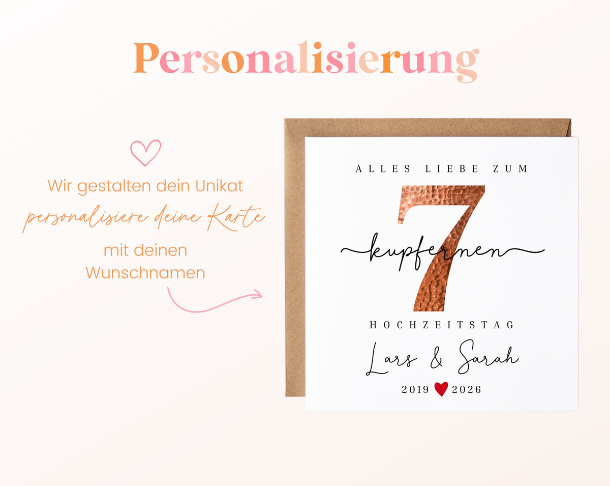 Kupferhochzeit Karte - Kupferzahl 7 - personalisiert