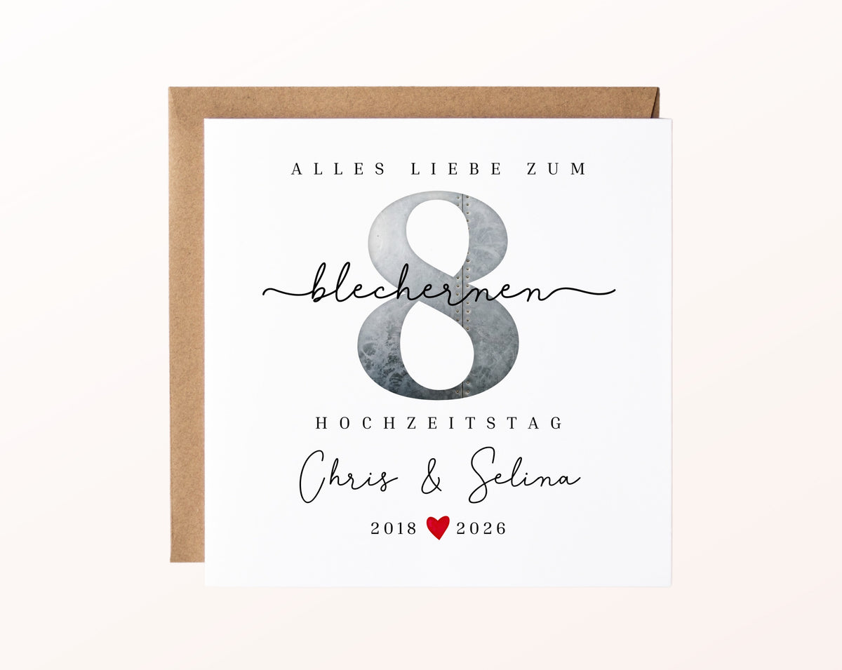 Blechhochzeit Karte - Zahl 8 mit Nietenmotiv - personalisiert