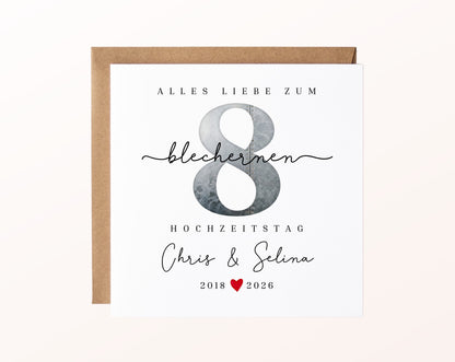 Blechhochzeit Karte - Zahl 8 mit Nietenmotiv - personalisiert