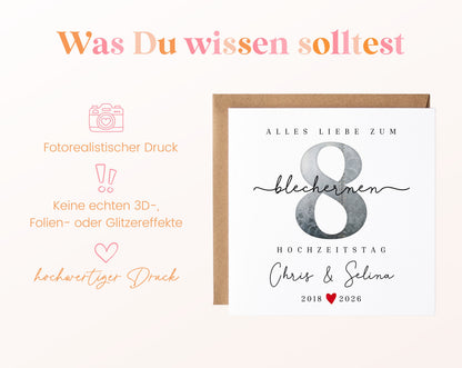 Blechhochzeit Karte - Zahl 8 mit Nietenmotiv - personalisiert