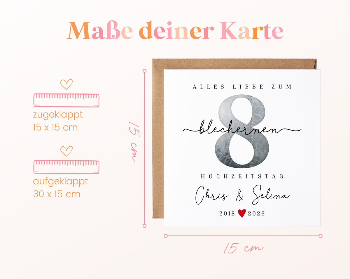 Blechhochzeit Karte - Zahl 8 mit Nietenmotiv - personalisiert