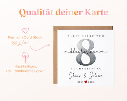 Blechhochzeit Karte - Zahl 8 mit Nietenmotiv - personalisiert