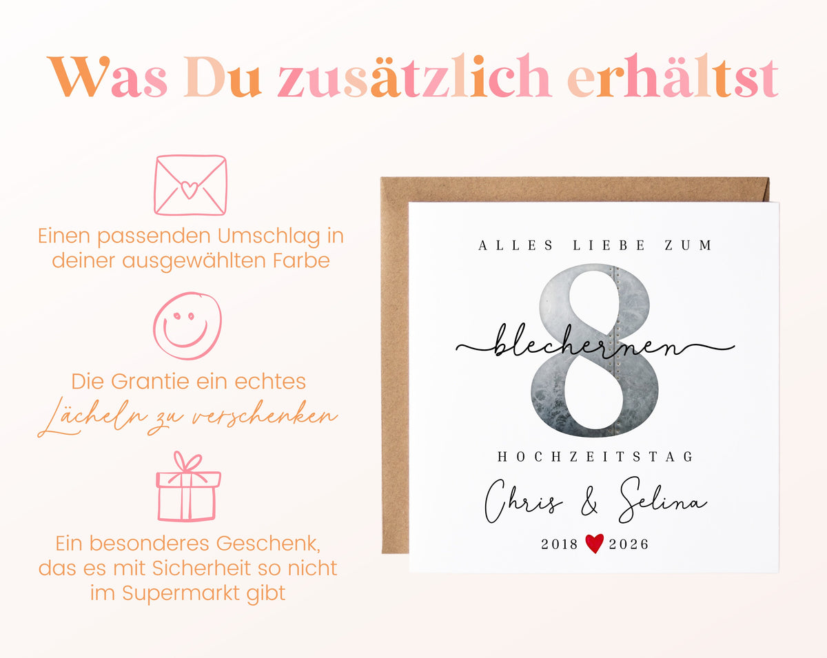 Blechhochzeit Karte - Zahl 8 mit Nietenmotiv - personalisiert