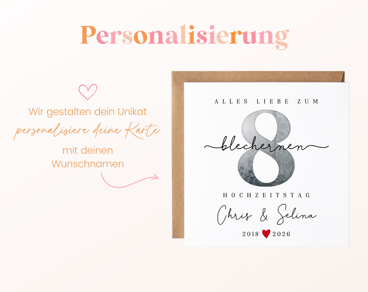 Blechhochzeit Karte - Zahl 8 mit Nietenmotiv - personalisiert