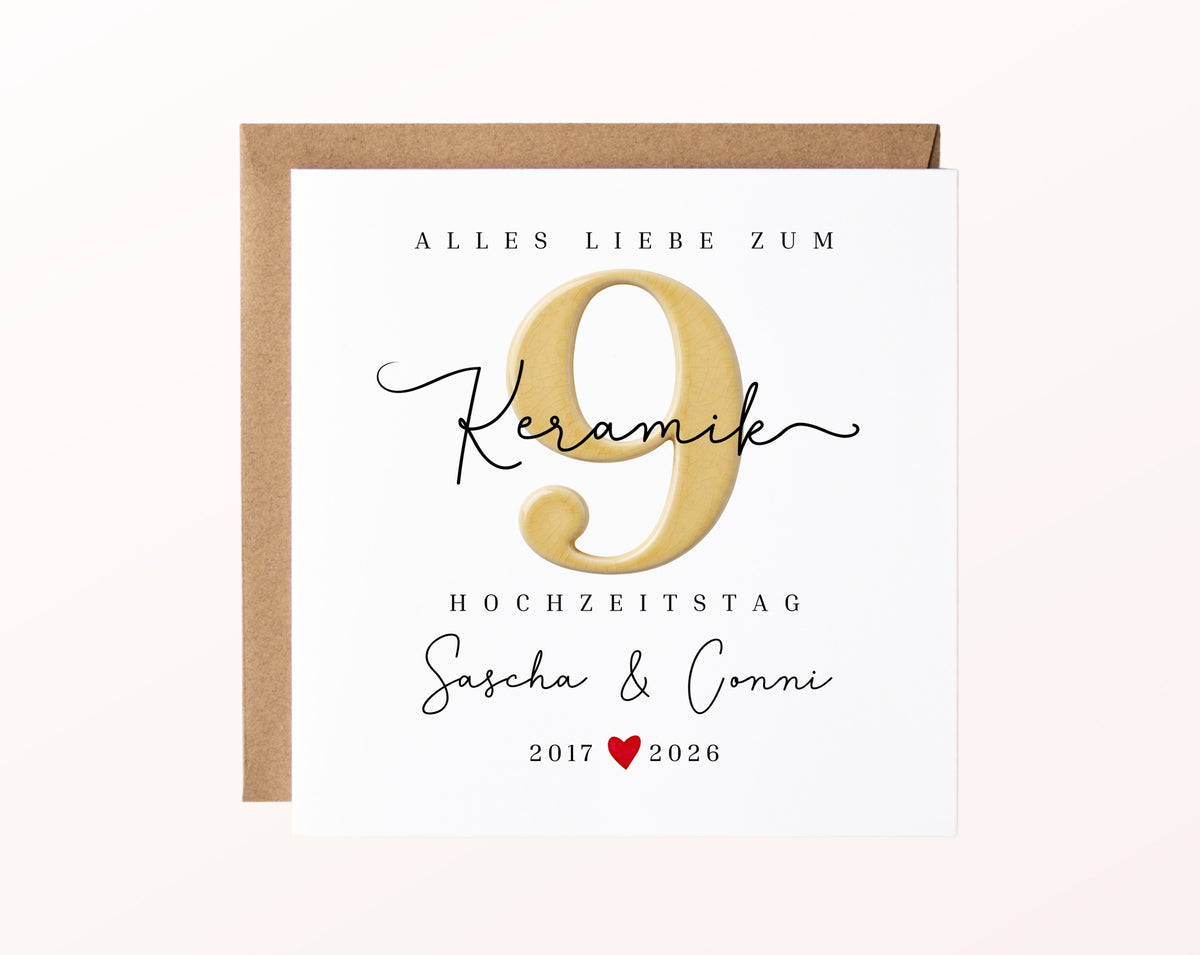 Keramikhochzeit Karte - Keramikzahl 9 - personalisiert