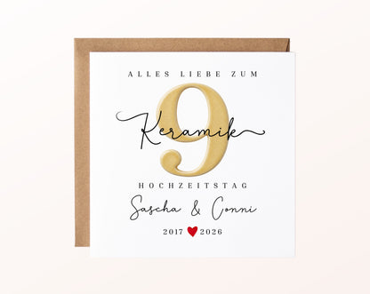 Keramikhochzeit Karte - Keramikzahl 9 - personalisiert
