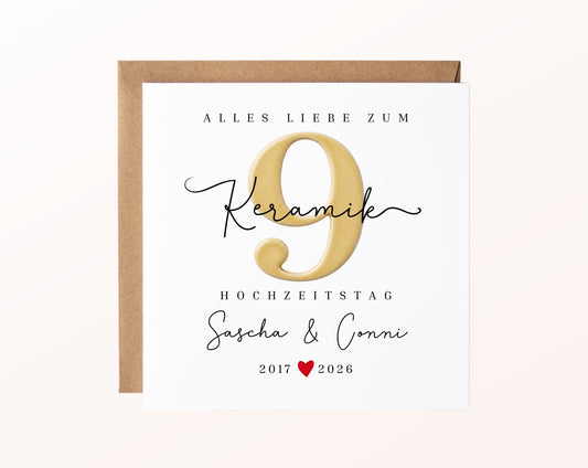 Keramikhochzeit Karte - Keramikzahl 9 - personalisiert