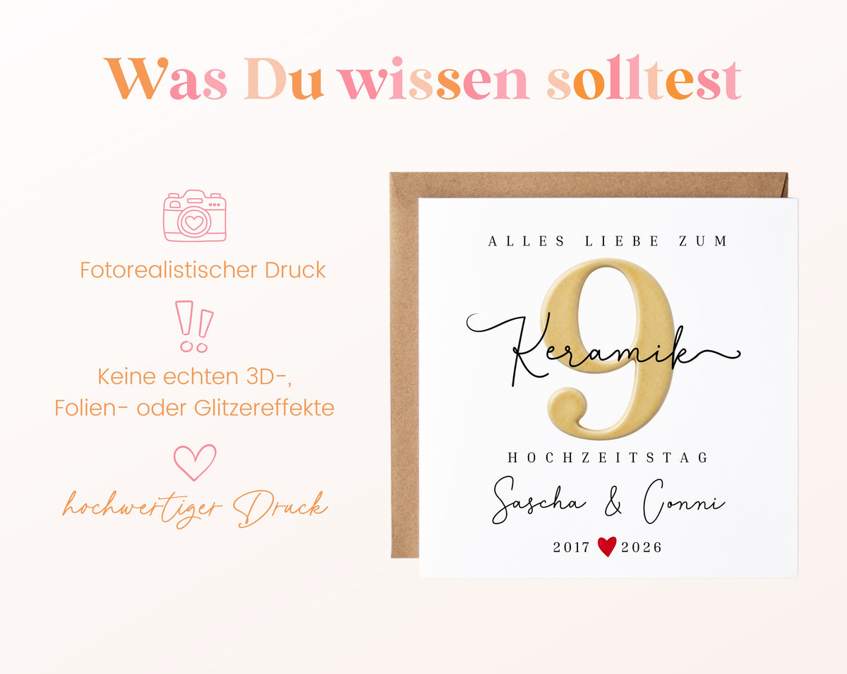 Keramikhochzeit Karte - Keramikzahl 9 - personalisiert
