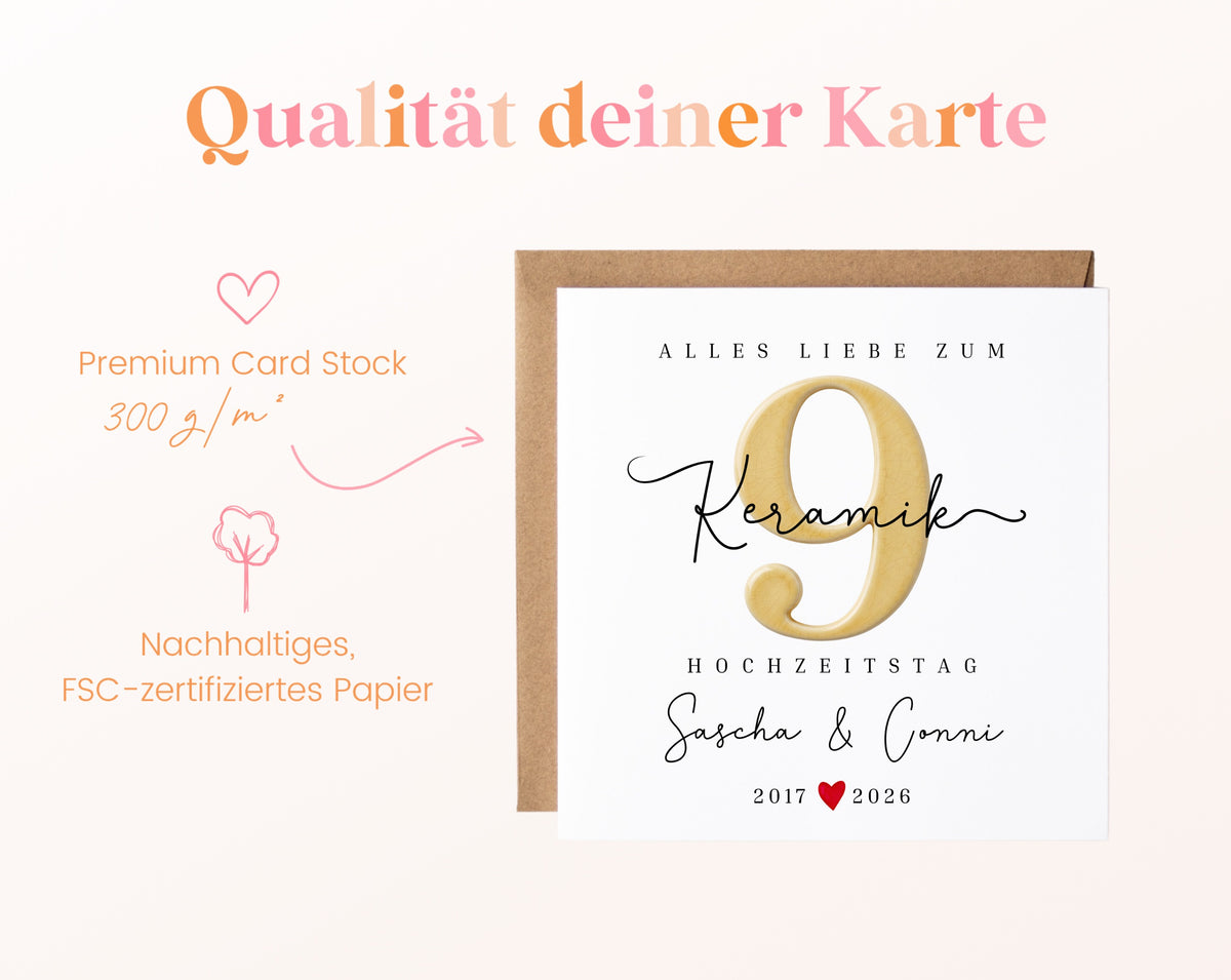 Keramikhochzeit Karte - Keramikzahl 9 - personalisiert