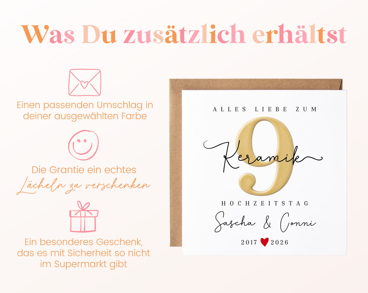 Keramikhochzeit Karte - Keramikzahl 9 - personalisiert