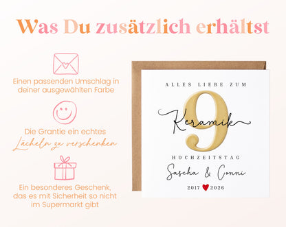 Keramikhochzeit Karte - Keramikzahl 9 - personalisiert