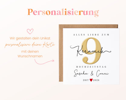 Keramikhochzeit Karte - Keramikzahl 9 - personalisiert