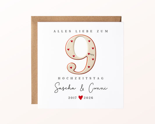 Keramikhochzeit Karte - Zahl 9 mit Herzen - personalisiert
