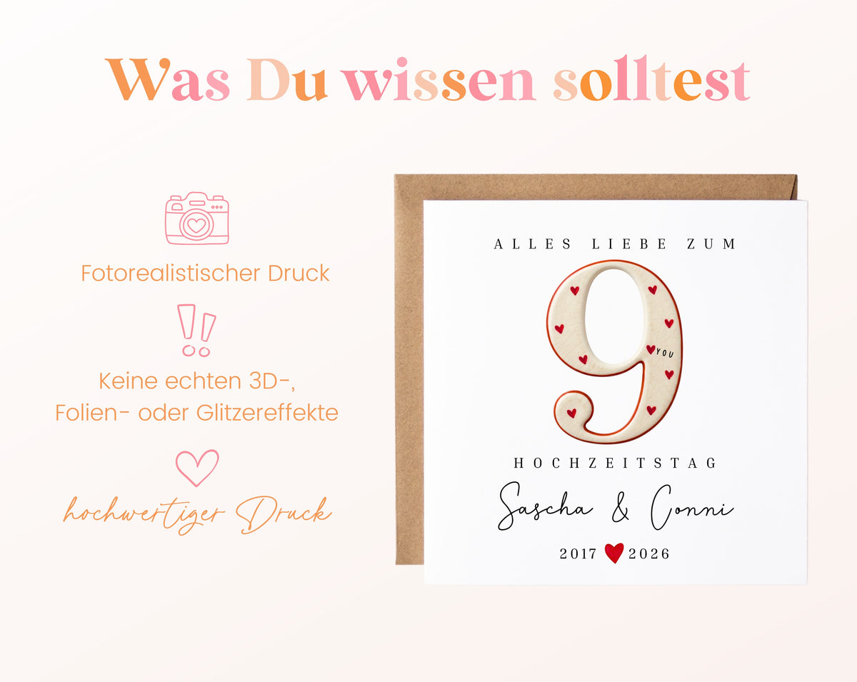 Keramikhochzeit Karte - Zahl 9 mit Herzen - personalisiert