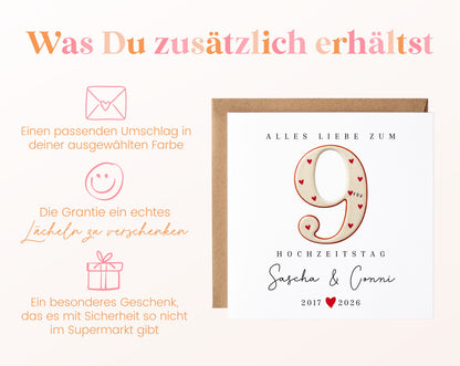 Keramikhochzeit Karte - Zahl 9 mit Herzen - personalisiert