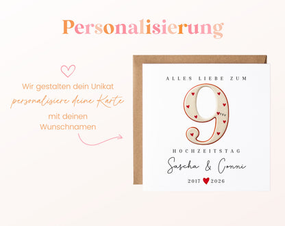 Keramikhochzeit Karte - Zahl 9 mit Herzen - personalisiert