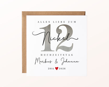 Nickelhochzeit Karte - Nickelzahl 12 - personalisiert