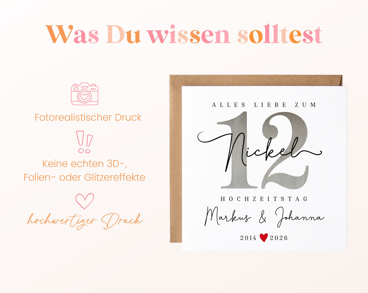 Nickelhochzeit Karte - Nickelzahl 12 - personalisiert