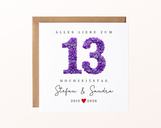 Veilchenhochzeit Karte - Blütenzahl 13 - personalisiert
