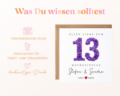 Veilchenhochzeit Karte - Blütenzahl 13 - personalisiert