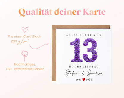 Veilchenhochzeit Karte - Blütenzahl 13 - personalisiert