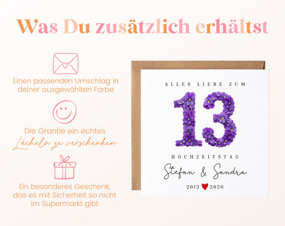 Veilchenhochzeit Karte - Blütenzahl 13 - personalisiert