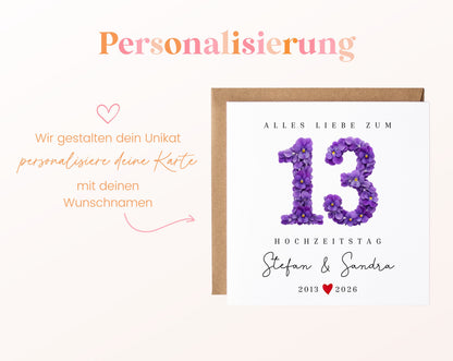 Veilchenhochzeit Karte - Blütenzahl 13 - personalisiert