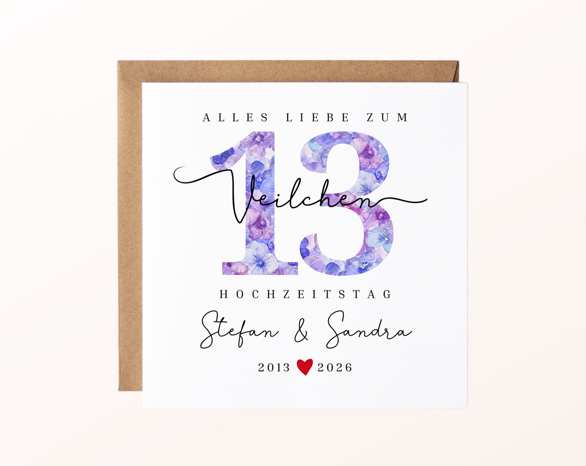Veilchenhochzeit Karte - Zahl 13 mit Blütenmuster - personalisiert