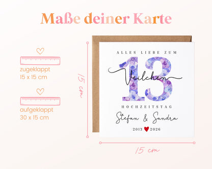 Veilchenhochzeit Karte - Zahl 13 mit Blütenmuster - personalisiert