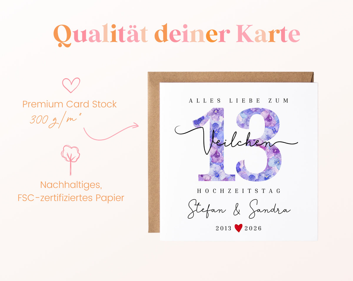 Veilchenhochzeit Karte - Zahl 13 mit Blütenmuster - personalisiert