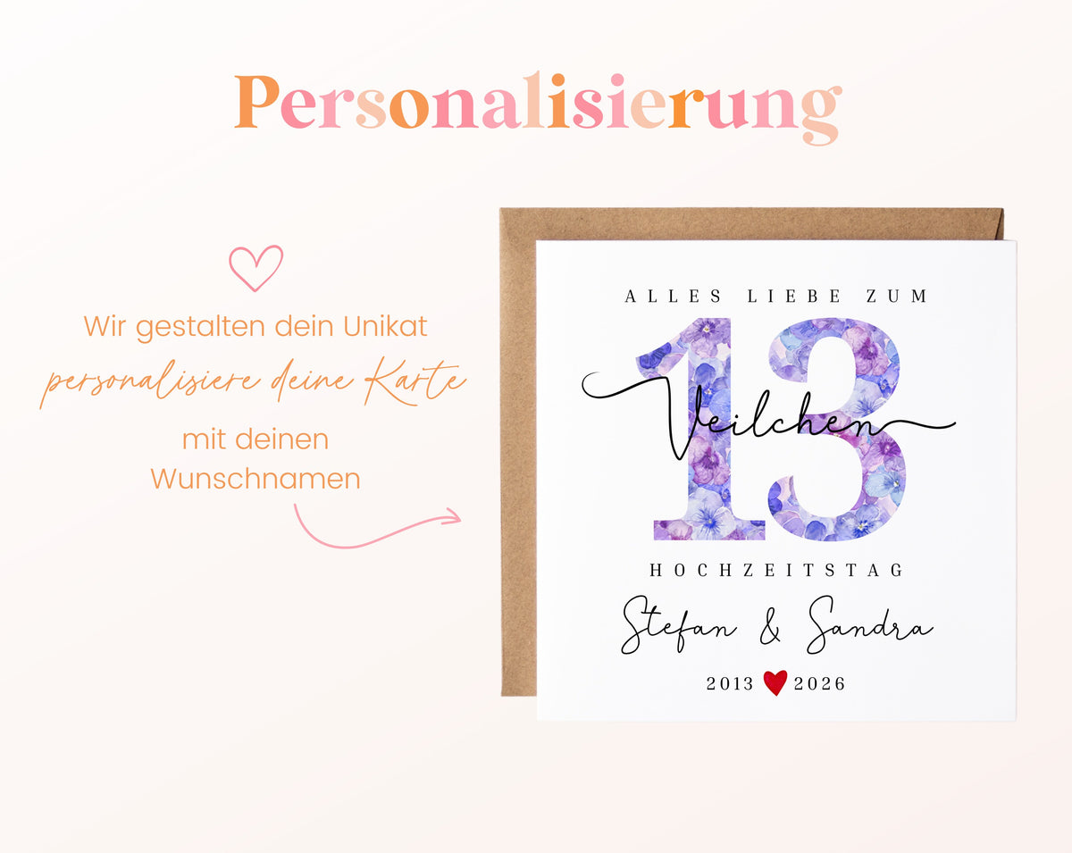 Veilchenhochzeit Karte - Zahl 13 mit Blütenmuster - personalisiert