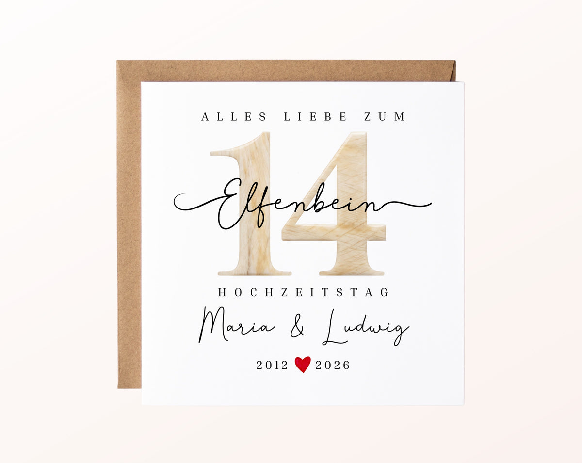 Elfenbeinhochzeit Karte - Zahl 14 - personalisiert
