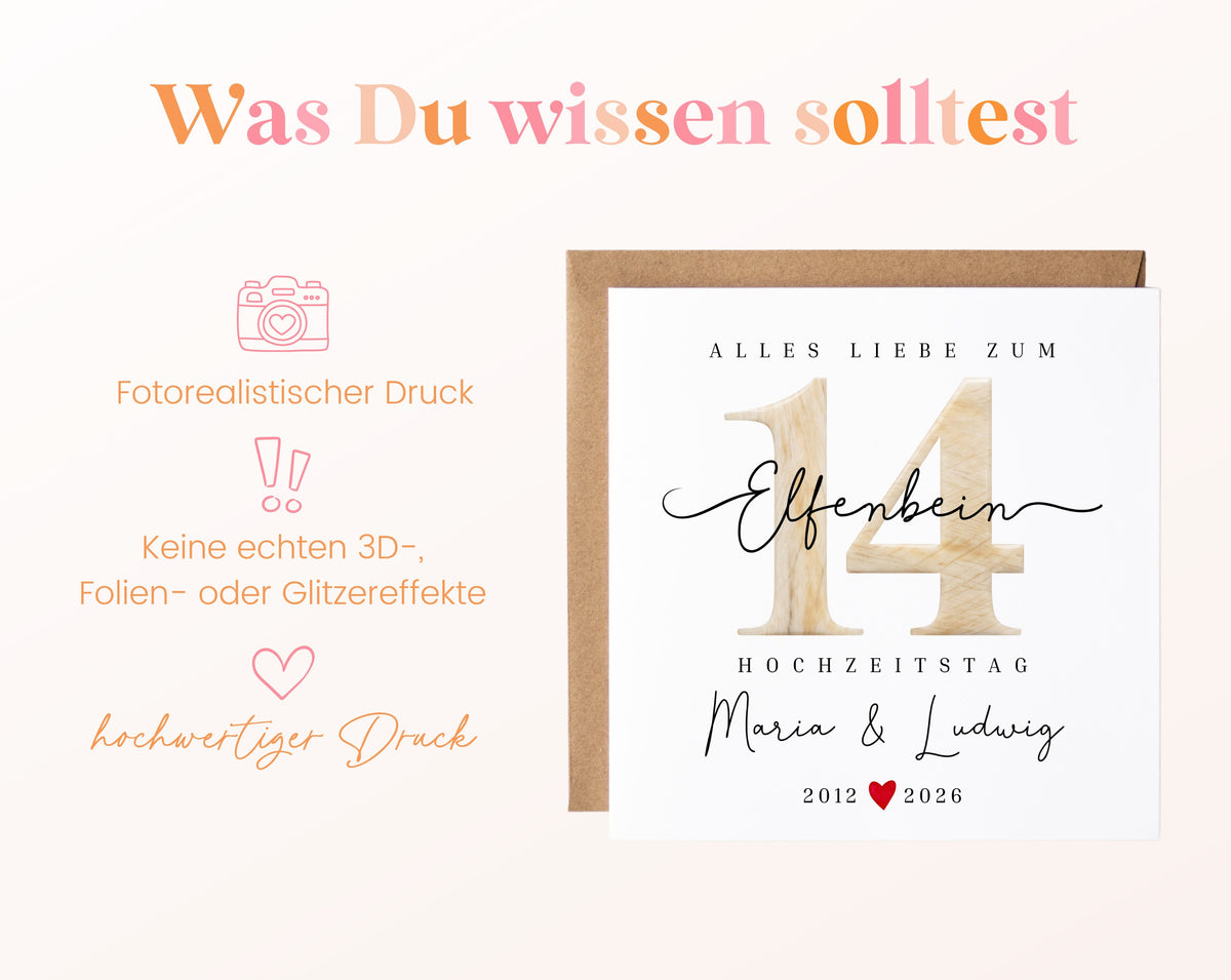 Elfenbeinhochzeit Karte - Zahl 14 - personalisiert